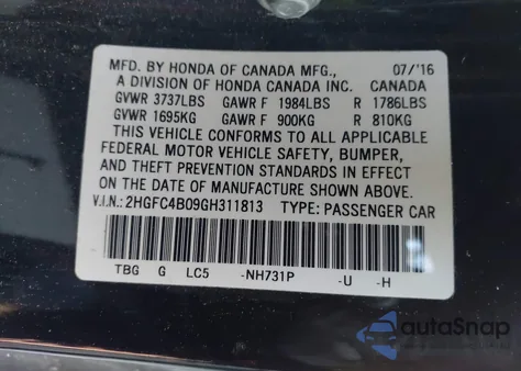 2016 Honda Civic Lx-P from USA, damaged, VIN 2HGFC4B09GH311813